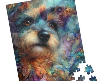Dreamy Schnauzer Portrait Puzzle, Whimsical Colorful Dog Art, Gentle Fantasy Puppy Jigsaw, Pet Artwork