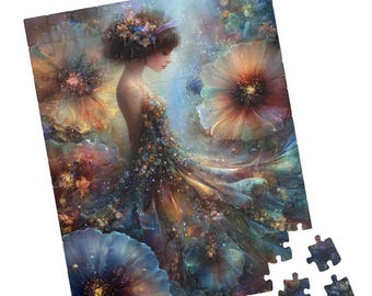 Girl in Flower Dress Puzzle, Dreamy Fairycore Fantasy Artwork Jigsaw, Gift for Kids & Adults