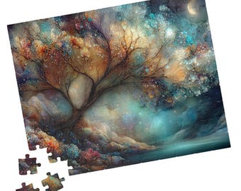 Dreamy Floral Tree Over Water Puzzle, Enchanted Jewel-Tone Landscape Illustration Jigsaw