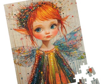 Rainbow Fairy Puzzle, Whimsical Red-Haired Elf in Colorful Wings and Dress Jigsaw, Whimsical Gift for Holidays, Kids, and Family Gatherings