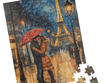 May include: A couple in love, kissing under a red umbrella in front of the Eiffel Tower. The scene is painted in a watercolor style with a snowy background and a street lamp.
