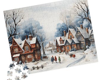 May include: A watercolour painting depicting a snowy village scene with houses, trees, and people walking along the street. The houses are brown with white trim and snow-covered roofs. The trees are bare and covered in snow. The people are wearing winter clothing and carrying bags. The painting is executed in a realistic style and has a warm, inviting feel.