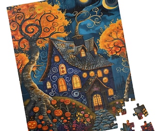 Whimsical Haunted House Puzzle. Colorful Halloween Jigsaw. Gift for Holidays, Birthdays, Get Well, and Nursing Homes. Fun Tech-free Activity
