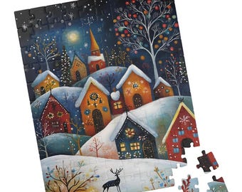 Verschneites Dorf Puzzle: Volkskunst Winterszene