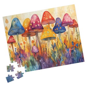 Rainbow Mushrooms Jigsaw. Watercolor Botanical Art Puzzle. Gift for Holidays, Birthdays, Get Well, and Nursing Homes. Fun Tech-Free Activity