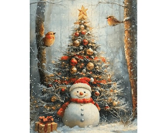水彩画クリスマスツリーのジグソーパズル：雪だるまと鳥 - Etsy 日本