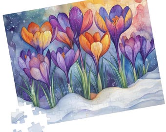 Colorful Watercolor Crocuses in The Snow Jigsaw Puzzle. Gift for Holidays, Birthdays, Get Well, and Nursing Homes. Fun Tech-Free Activity
