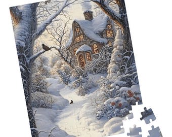 May include: A snowy winter scene with a cosy cottage in the background. The cottage has a snow-covered roof and windows with warm light shining through. A path leads up to the cottage, and there are trees and bushes covered in snow on either side of the path.