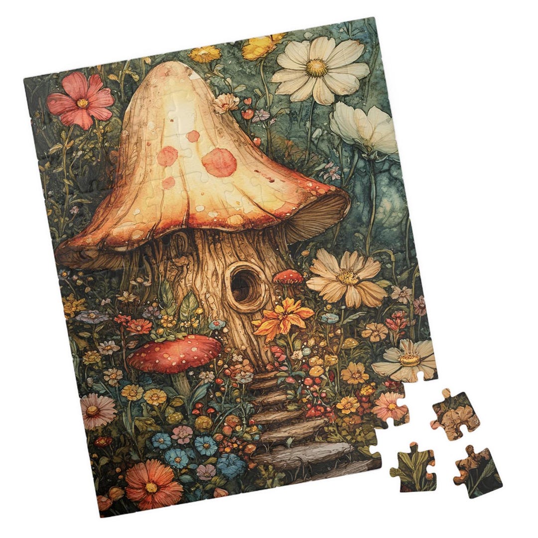 Watercolor Mushroom House Puzzle: Whimsical Floral Jigsaw - Etsy