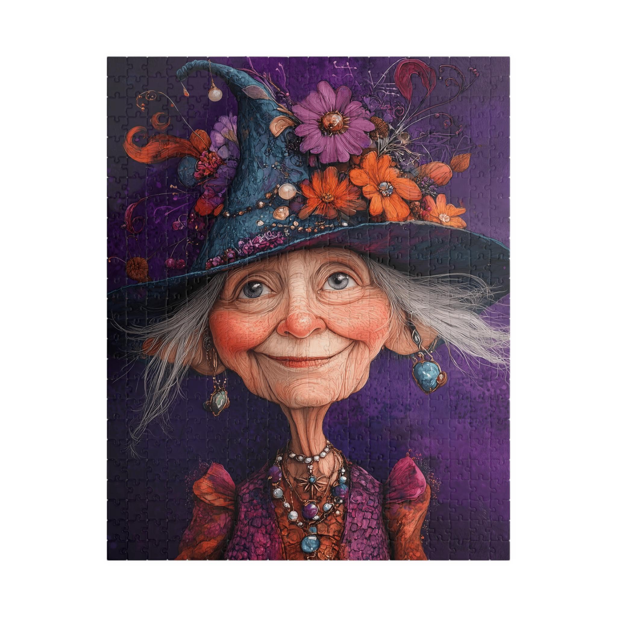 Whimsical Witch Jigsaw Puzzle: Quirky Old Lady in Floral Hat - Etsy