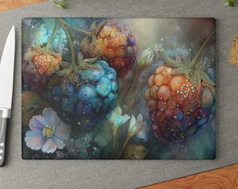 Jewel-Tone Berry Glass Cutting Board, Dreamy Fruit,  Botanical Illustration, Functional Art, Artistic Kitchen Accessory, Housewarming Gift