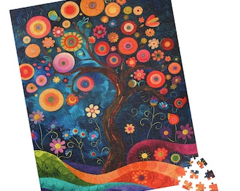 Colorful Folk Art Tree Jigsaw. Fantasy Landscape Puzzle. Fun Tech-free Family Activity. Great Gift for Birthdays, Get Well, or Nursing Homes