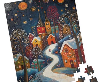 Verschneites Dorf Puzzle: Volkskunst im Winter Kleinstadt
