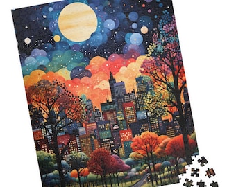 May include: A colorful jigsaw puzzle depicting a cityscape at night with a large moon and stars in the sky. The city is surrounded by trees with colorful leaves.