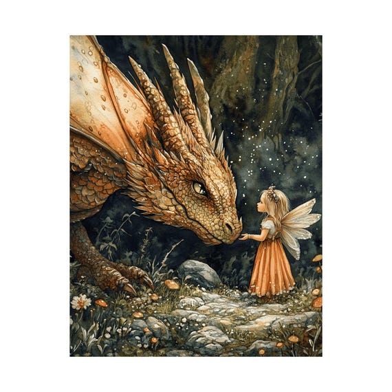 妖精とドラゴンのアートプリント：気まぐれなファンタジーイラスト
