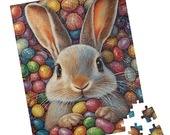 Colorful Glittery Jelly Beans with Cute Bunny - Watercolor Jigsaw Puzzle. Gift for Easter, Birthday, or Get Well. Family Game. Kids Activity