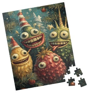 May include: A colorful jigsaw puzzle featuring whimsical, cartoonish monsters with large eyes and wide smiles, some wearing Santa hats. The monsters are set against a backdrop of Christmas tree branches and ornaments, with a few puzzle pieces separate.