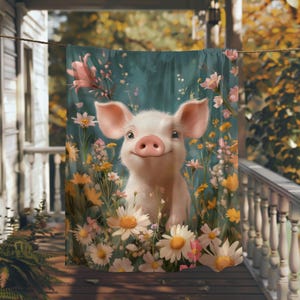 May include: A pink piglet with a happy expression is surrounded by a field of colorful flowers. The piglet is looking directly at the viewer. The background is a soft blue.