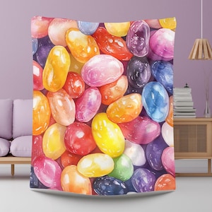 May include: A colorful watercolor painting of jelly beans. The jelly beans are arranged in a random pattern and are various shades of red, orange, yellow, green, blue, purple, and pink.