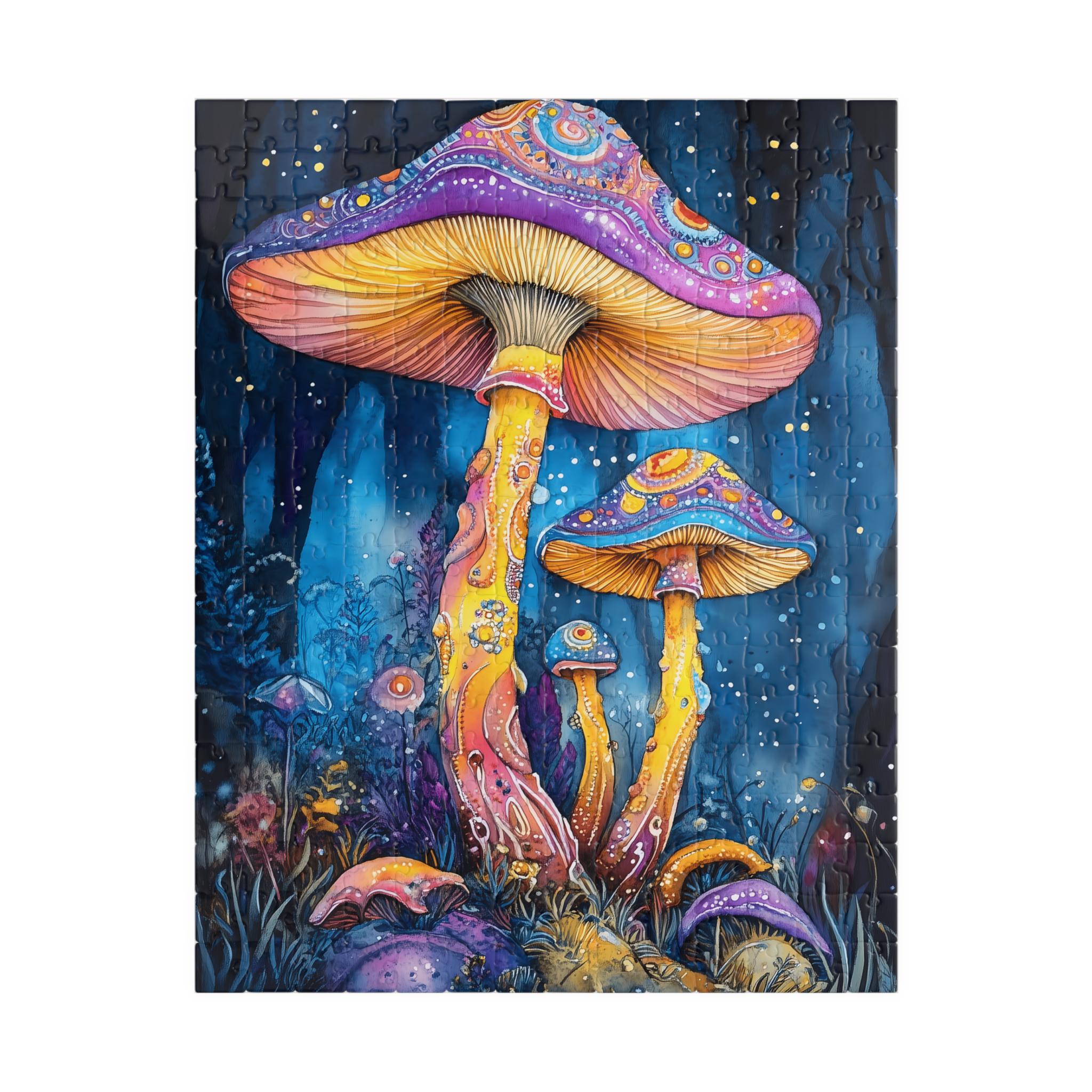 Purple and Orange Evening Mushroom Puzzle. Watercolor Botanical