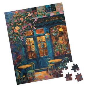 Blue Parisian Cafe - Impressionist Style Jigsaw Puzzle. Tech-free Activity. Great Gift for Birthdays, Paitents, and Nursing Homes