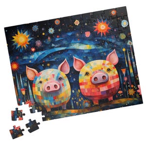 Dos cerditos bohemios de colores. Rompecabezas de cerditos. Regalo para amantes de los animales. Actividad familiar sin tecnología. Divertida para niños. Ideal para pacientes de hospitales.