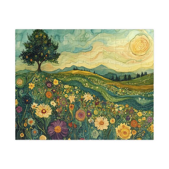 水彩画の花の草原アートパズル：気まぐれな風景ジグソーパズル - Etsy 日本