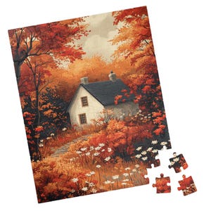 Pode incluir: Puzzle completo retratando uma pitoresca casa branca aninhada em meio a uma vibrante folhagem de outono. O quebra-cabeça apresenta um caminho de pedra que leva à casa, cercado por árvores com folhas vermelhas e laranja. Várias peças separadas.