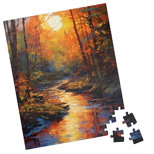 Stream at Sunset - Forest at Sunset with a Windy Stream and Bright Autumn Colors. Impressionist Landscape Print - Nature Puzzle