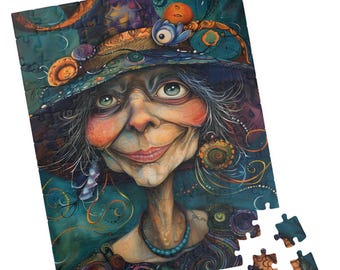 May include: A colorful jigsaw puzzle featuring a whimsical illustration of a woman with a large hat and a mischievous smile. The background is a swirling mix of teal, green, and purple.