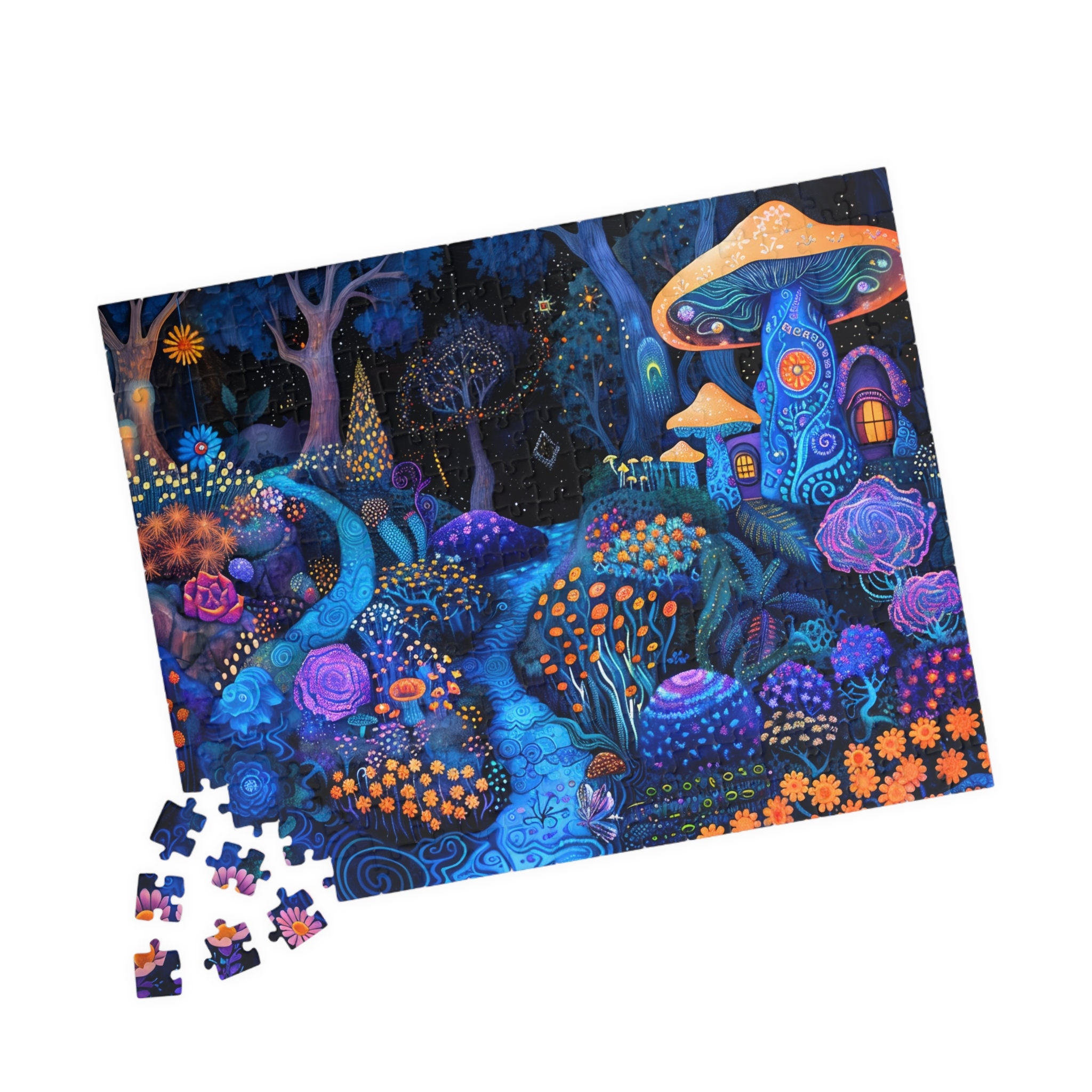 Midnight Mushroom House - Puzzle. Mystic Fairy Home Jigsaw. Tech