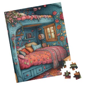 May include: A whimsical bedroom with a blue bed frame, a pink and red patchwork quilt, and a floral wallpaper. The bed is decorated with pillows and throws. The room has a window with a view of a forest.