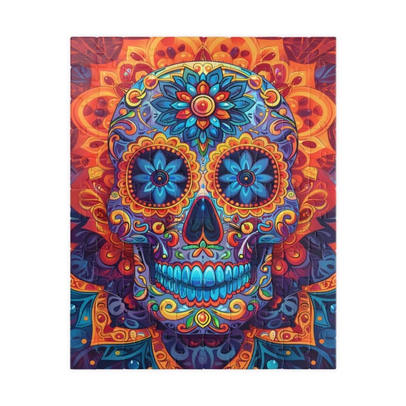 Blue and Orange Sugar Skull Jigsaw Puzzle. Great Gift for Day of