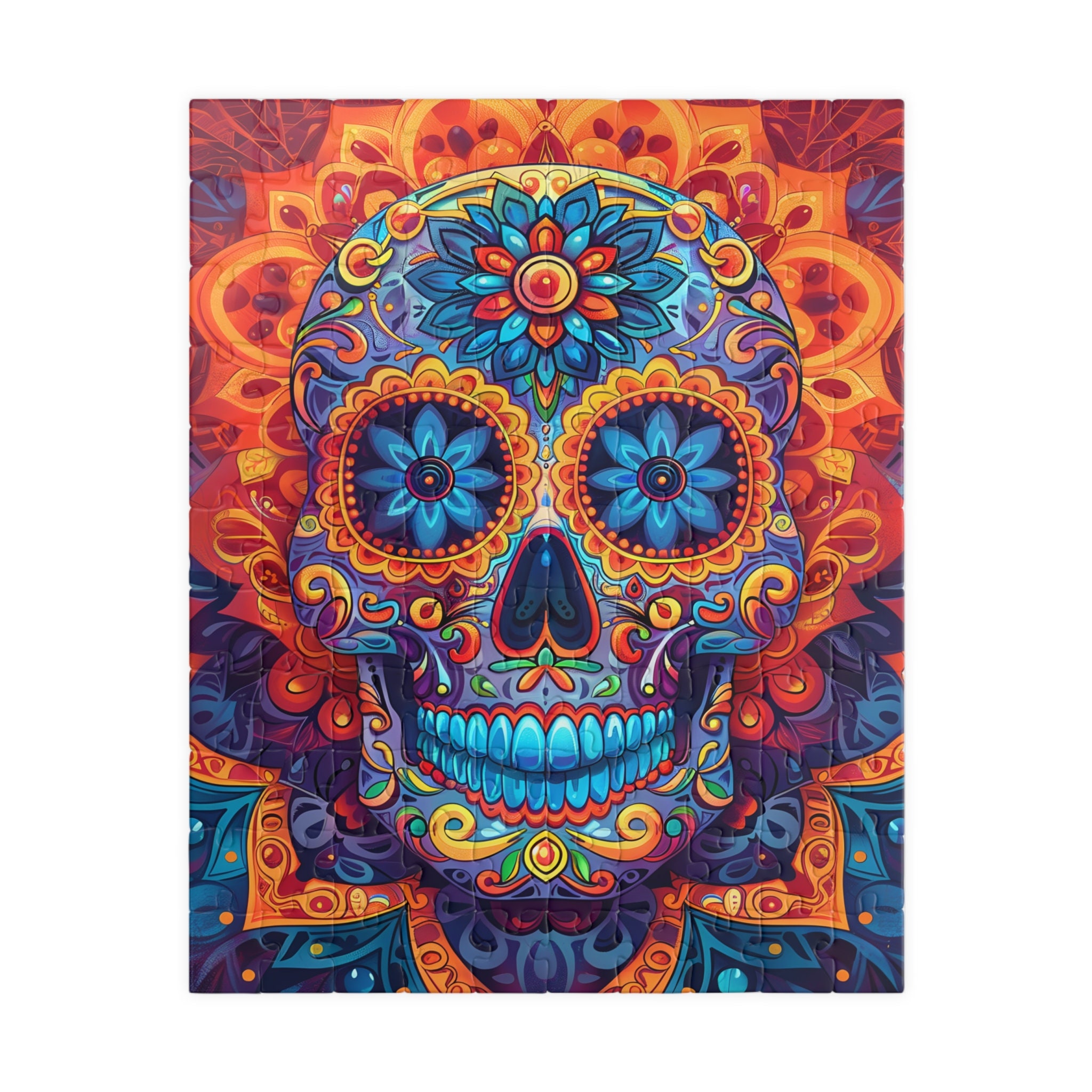 Blue and Orange Sugar Skull Jigsaw Puzzle. Great Gift for Day of