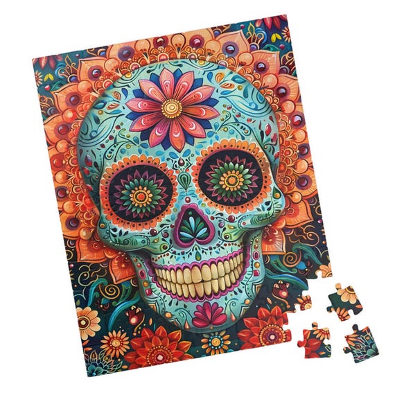 Blue Sugar Skull Jigsaw Puzzle. Great Gift for Day of the