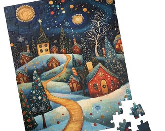 Whimsical Snowy Village Puzzle. Folk Art Winter Town Jigsaw. Gift for Holidays, Birthdays, Get Well and Nursing Homes. Tech-free Activity