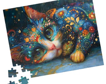 May include: A colorful jigsaw puzzle featuring a whimsical cat design. The cat has large, expressive eyes and is adorned with floral and celestial patterns in shades of blue, orange, and yellow. Several puzzle pieces are separate, showing the puzzle's construction.
