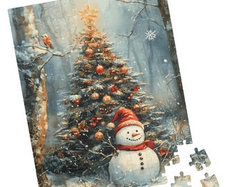 May include: A Christmas-themed jigsaw puzzle depicting a decorated Christmas tree, a snowman in a red hat and scarf, and a snowy forest. The puzzle is partly assembled, with a few pieces separate.