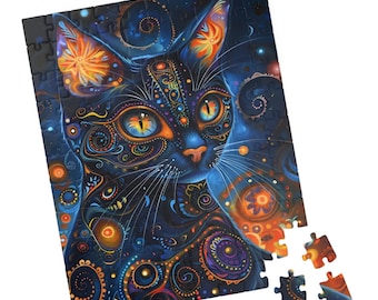 Mystical Black Cat Puzzle. Halloween Kitty Jigsaw. Gift for Holidays, Birthday, Get Well, and Nursing Homes. Tech-free Family Activity