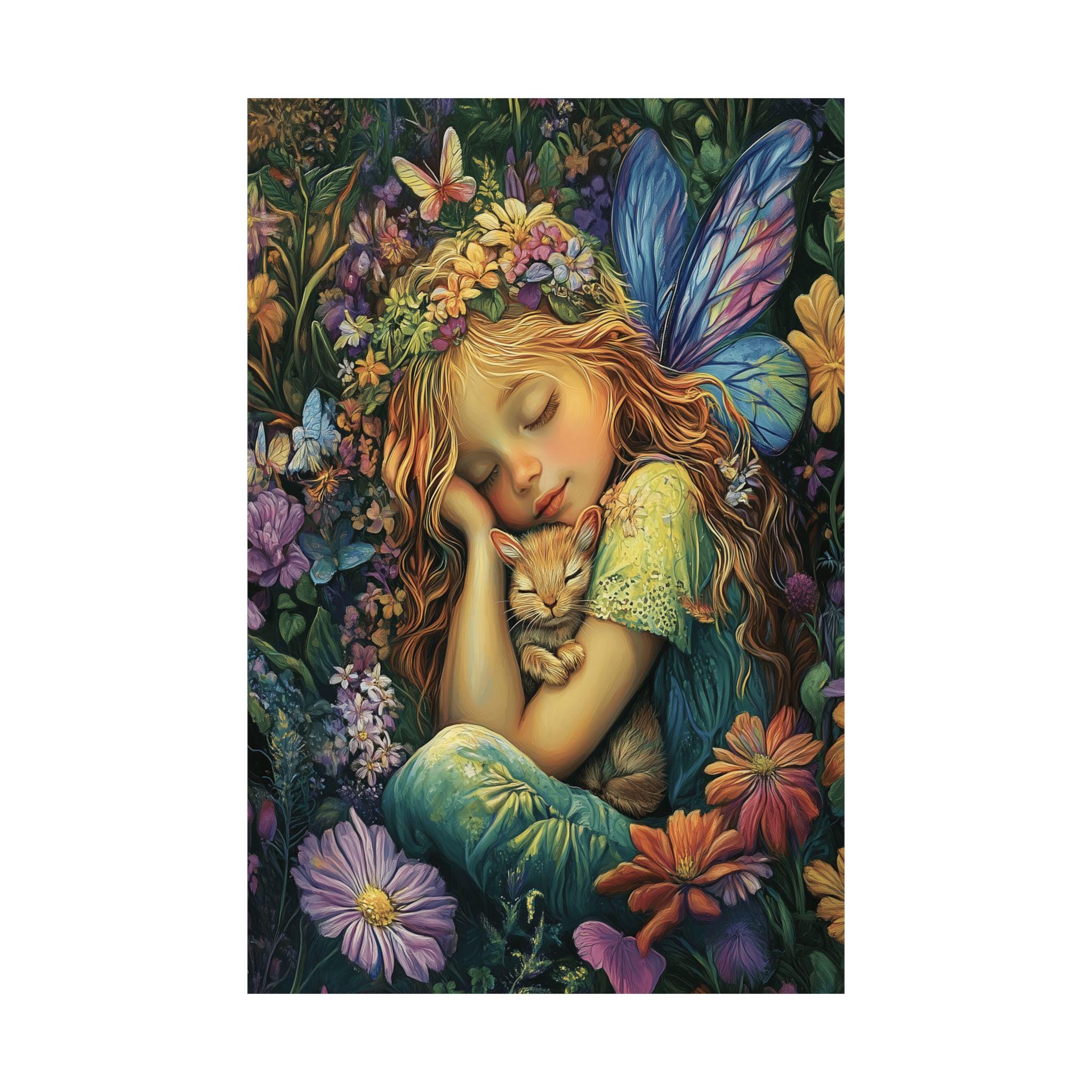 花の中で眠る妖精のアートプリント：気まぐれなファンタジーイラスト