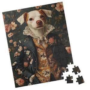 May include: A jigsaw puzzle featuring a dog dressed in a floral jacket and vest, with a white ruffled collar. The dog has brown and white fur and is set against a dark floral background. Several puzzle pieces are separate.