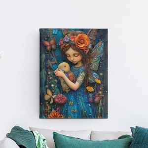 Blue Fairy Art Print: Whimsical Faerie and Bird Wall Decor