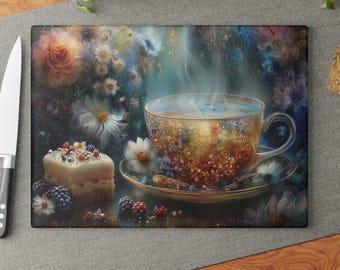 Petit Four and Tea Glass Cutting Board, Cake and Flowers Artwork, Artistic Kitchen Accessory, Housewarming Gift