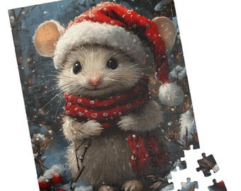 May include: A Christmas-themed jigsaw puzzle featuring a cute mouse wearing a red Santa hat and scarf. The mouse is set against a snowy, wintery background with red berries. The puzzle is partially assembled, with a few pieces separate.