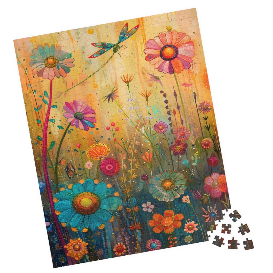 Simple Field of Flowers VI Puzzle. Dragonfly and Wildflowers Watercolor ...