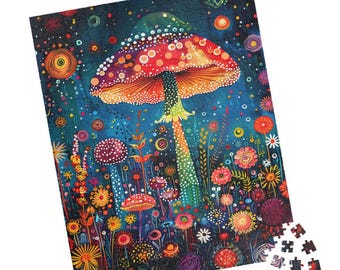 Könnte beinhalten: Ein farbenfrohes Puzzle mit einem großen, roten und gelben Pilz mit weißen Punkten, umgeben von kleineren Pilzen und Blumen in verschiedenen Farben. Der Hintergrund ist dunkelblau mit weißen Punkten.