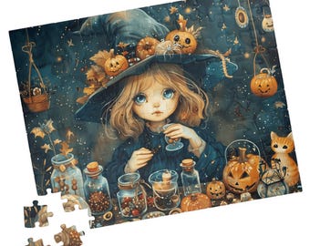 May include: A completed jigsaw puzzle featuring a young witch with blue eyes, wearing a black hat adorned with pumpkins. The puzzle has a dark blue background with jars, pumpkins, and a cat. Some puzzle pieces are separate.