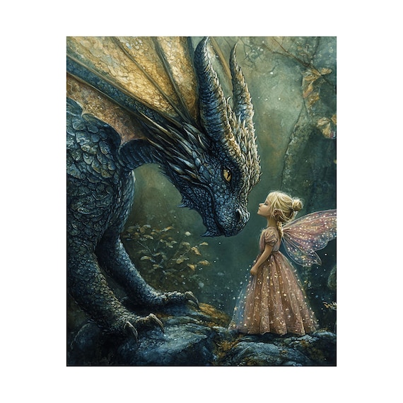 妖精と青龍のアートプリント：神話ファンタジーイラスト - Etsy 日本