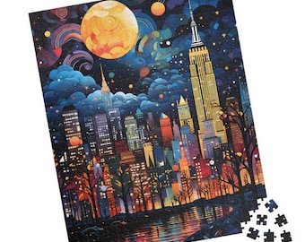 May include: A colorful jigsaw puzzle depicting a cityscape at night with a large yellow moon and stars in the sky. The cityscape features tall buildings, including a skyscraper with a pointed top. The puzzle pieces are scattered around the edges of the image.