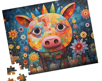 Colorful Boho Pig Jigsaw Puzzle. Gift for Animal Lovers. Tech-free Family Activity. Fun for Kids. Great for Hospital Patients.